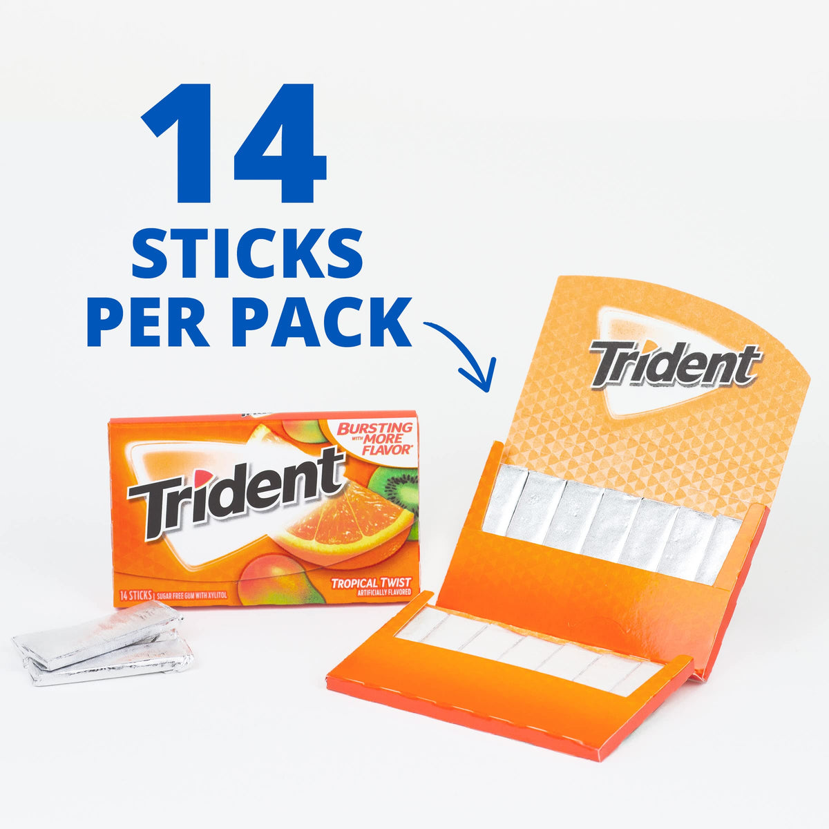 Trident Tropical Twist gum sticks inside wrap for easy desk or bag storage.