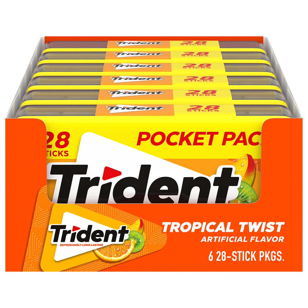 Trident Tropical Twist gum pack front highlights flavor and pocket size for on-the-go refreshment