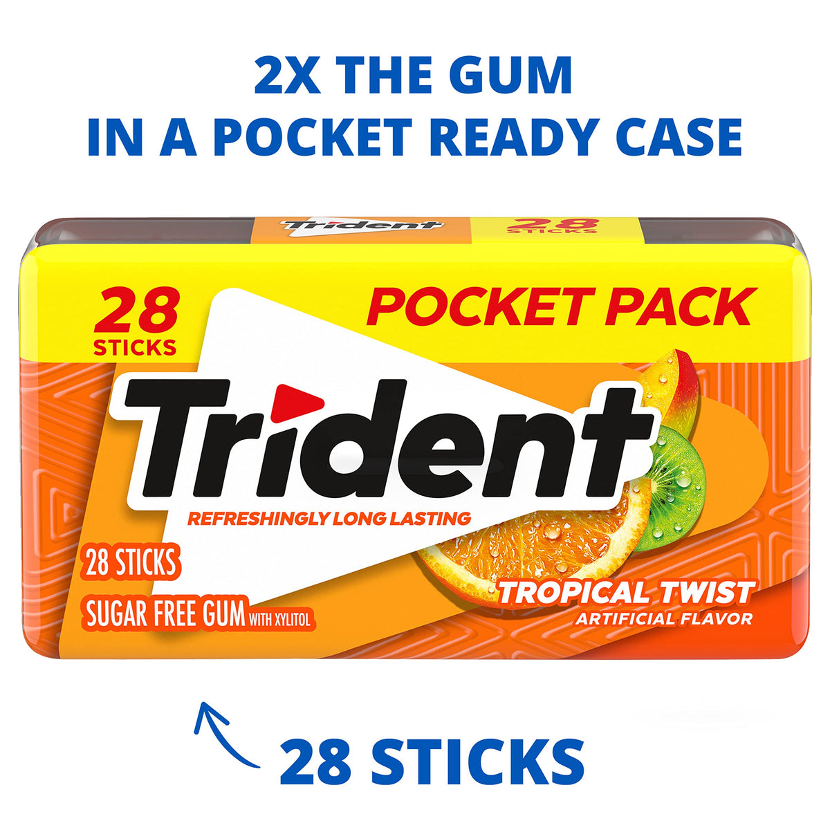 Trident Tropical Twist pocket packs inside display compact, portable gum for quick breath refresh