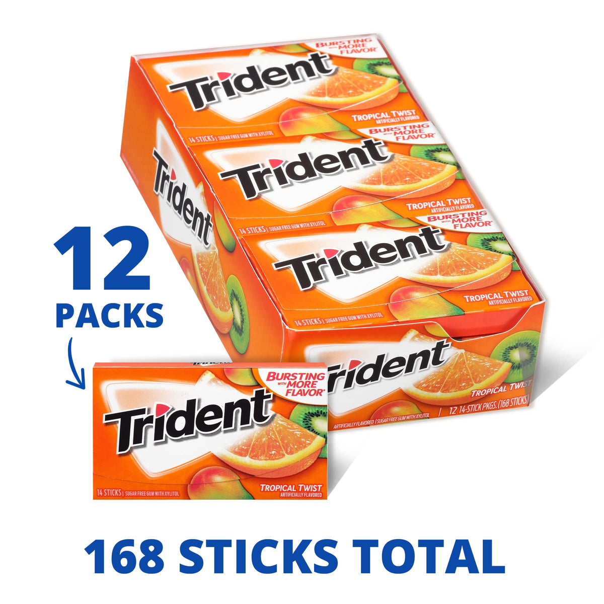 Close up of Trident Tropical Twist gum sticks, individually wrapped for lasting freshness.