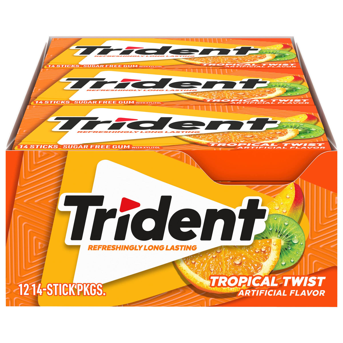 Trident Tropical Twist gum pack with 14 pieces delivers on the go freshness.