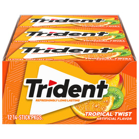 Trident Tropical Twist gum pack with 14 pieces delivers on the go freshness.