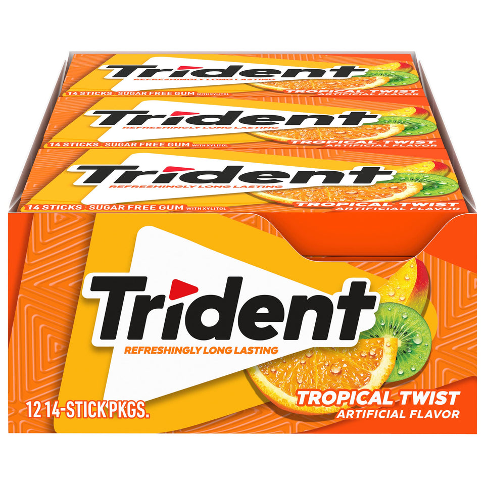 Trident Tropical Twist gum pack with 14 pieces delivers on the go freshness.