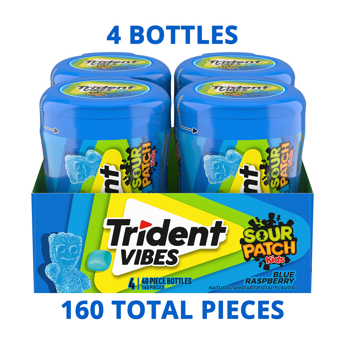 Trident Vibes blue raspberry gum piece closeup with bold, sugar-free taste.
