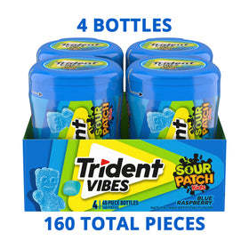 Trident Vibes blue raspberry gum piece closeup with bold, sugar-free taste.