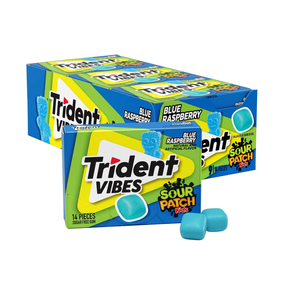 Trident Vibes Blue Raspberry gum shell with candy-like crunch and sugar-free freshness.