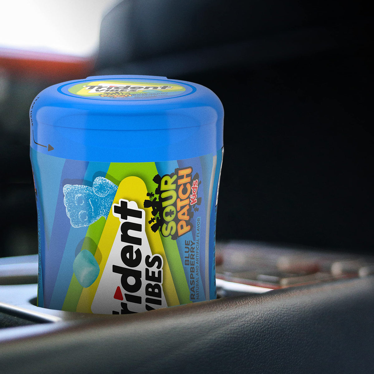 Trident Vibes bottle packaging label emphasizes blue raspberry flavor.