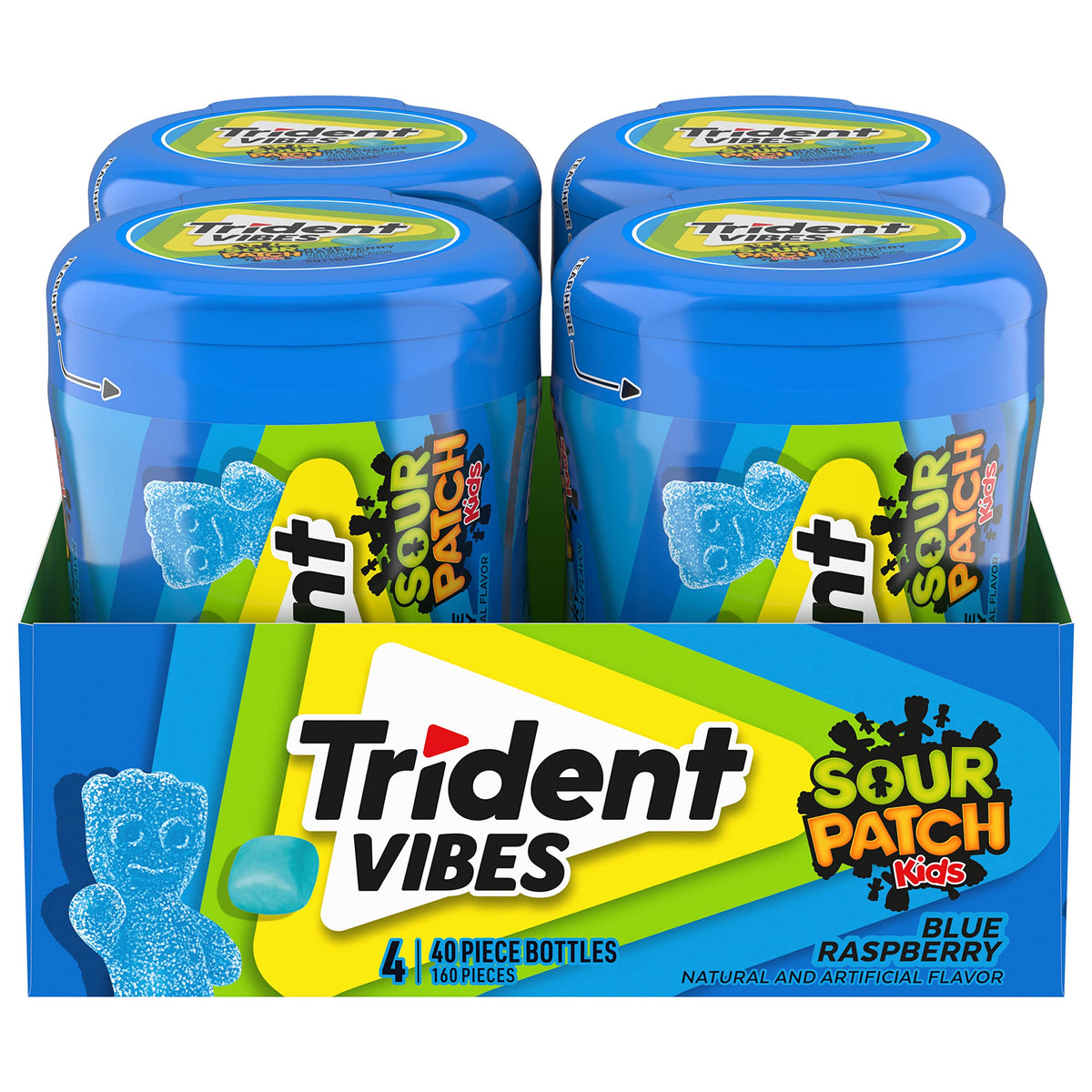 Trident Vibes Sour Patch Kids blue raspberry shell with long-lasting flavor.