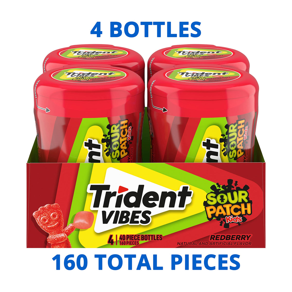 Trident Vibes Sour Patch Kids Redberry bottle-open showing convenient packaging.
