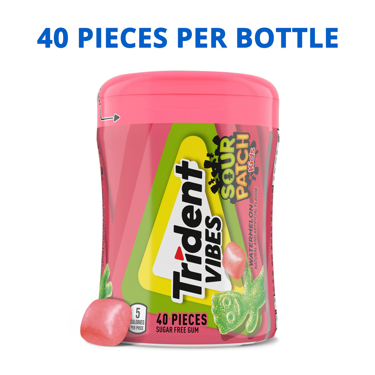 Trident Vibes Sour Patch Kids Watermelon Gum piece shows 5-calorie crunch