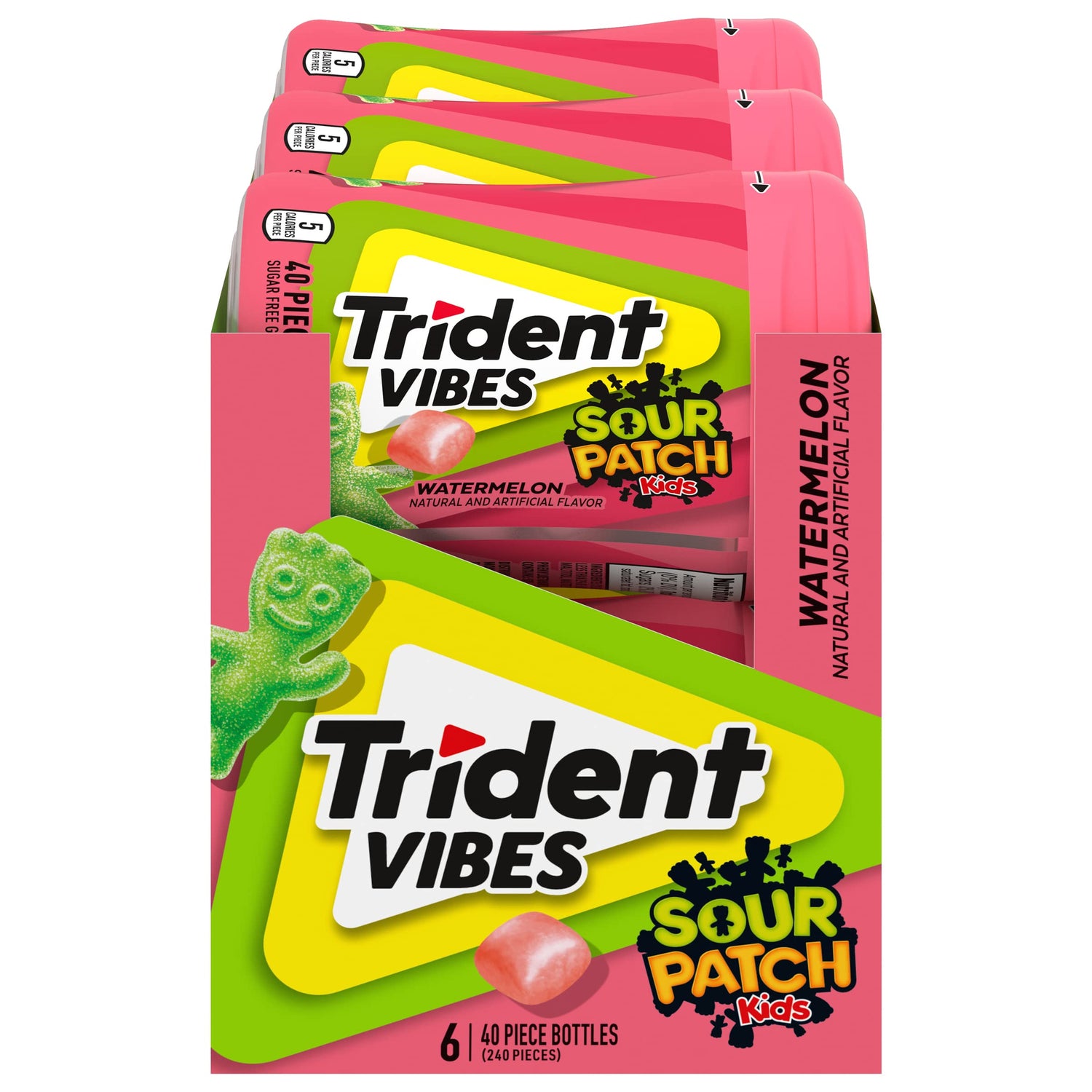 Trident Vibes Watermelon bottle shows convenient sugar-free gum for on-the-go freshness.