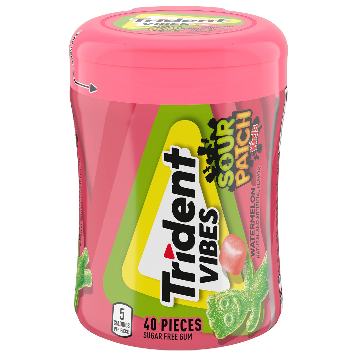 Trident Vibes Watermelon packaging bottle emphasizes portable bulk gum for sharing.