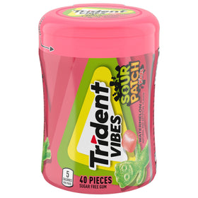 Trident Vibes Watermelon packaging bottle emphasizes portable bulk gum for sharing.