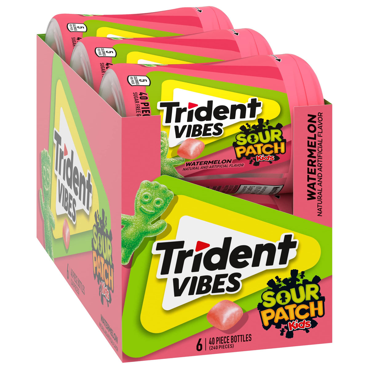 Trident Vibes Watermelon shell closeup highlights crunchy candy-like shell and tangy flavor.