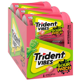 Trident Vibes Watermelon shell closeup highlights crunchy candy-like shell and tangy flavor.