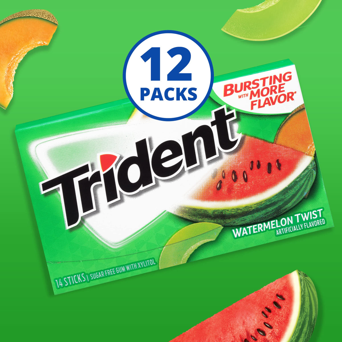 Trident Watermelon Twist gum piece with juicy flavor and sugar-free formula