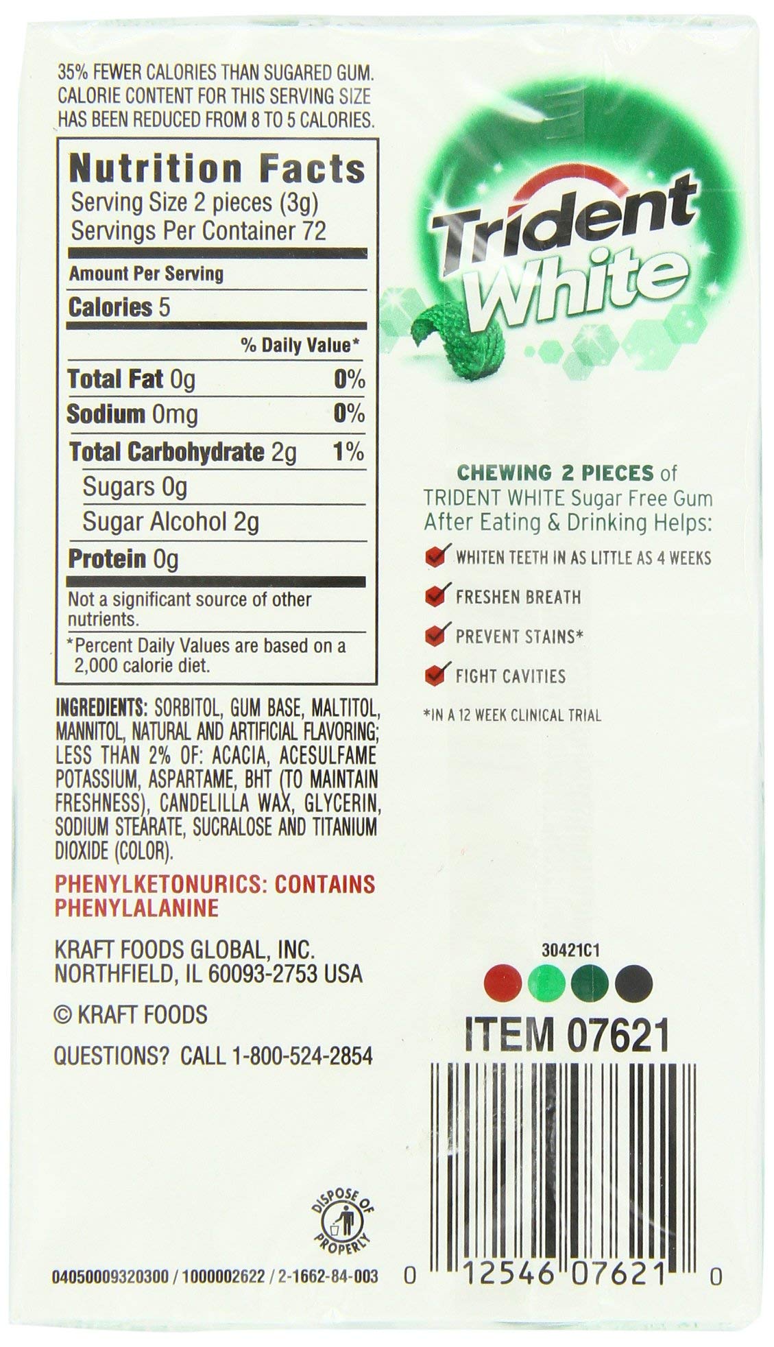 Trident White Gum Spearmint piece close-up highlighting long-lasting flavor.
