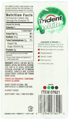 Trident White Gum Spearmint piece close-up highlighting long-lasting flavor.