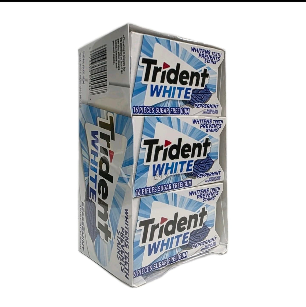 Trident White Peppermint gum pack back showing nutritional and sugar-free info.