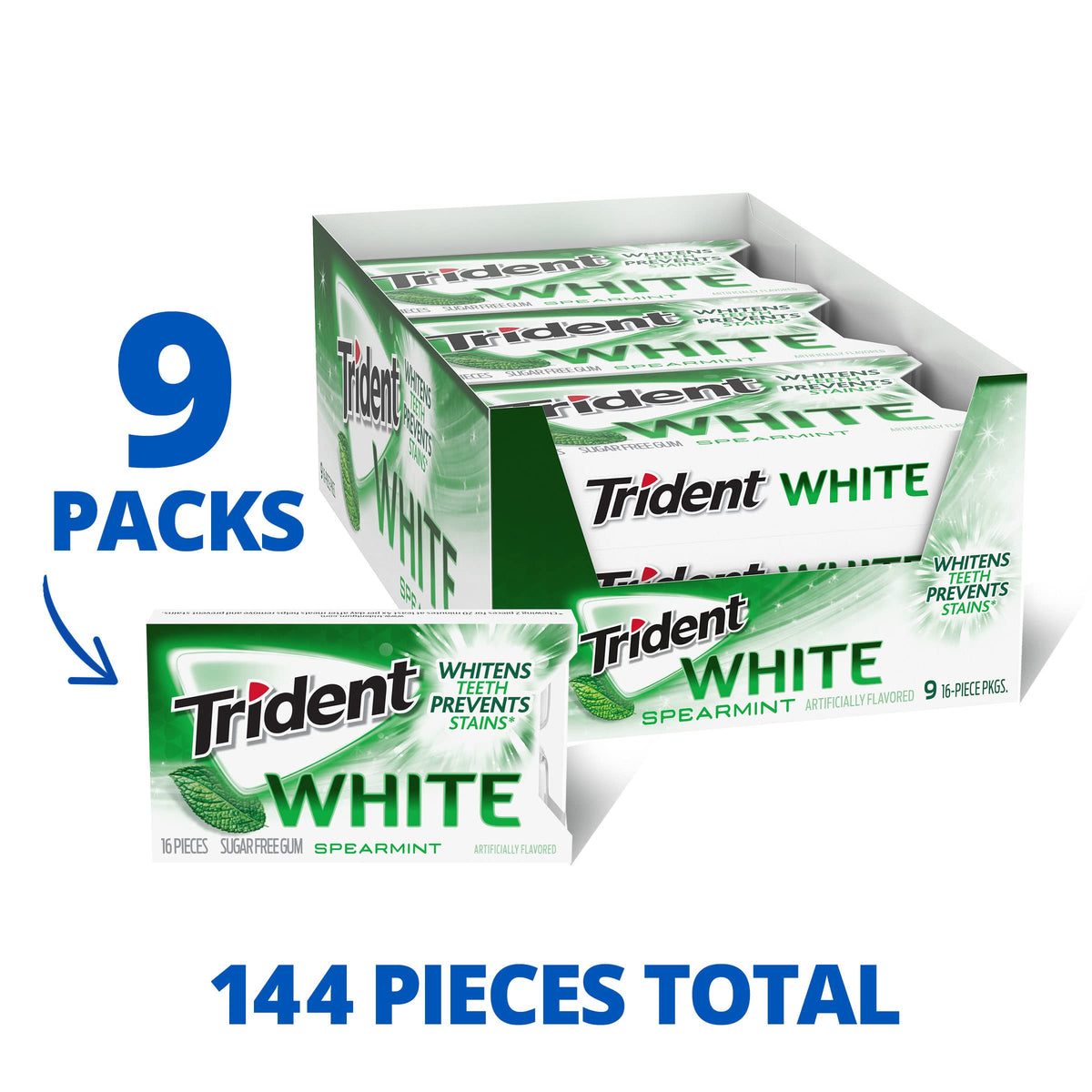 Close view of Trident White Spearmint gum pieces for quick minty freshness.