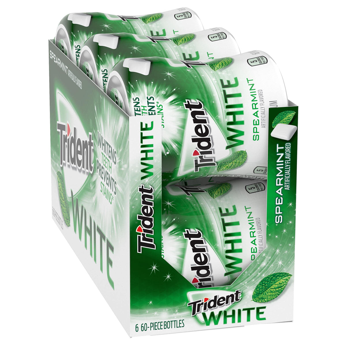 Six-bottle packaging of Trident White Spearmint gum for home use