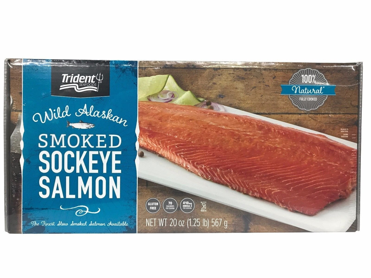 Trident Wild Alaskan Smoked Sockeye Salmon packaging highlights freshness and quality.