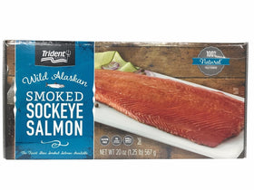 Trident Wild Alaskan Smoked Sockeye Salmon packaging highlights freshness and quality.