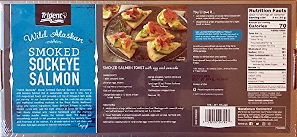 Trident Wild Alaskan Smoked Sockeye Salmon slices on plate highlight vibrant color and ready-to-eat convenience.