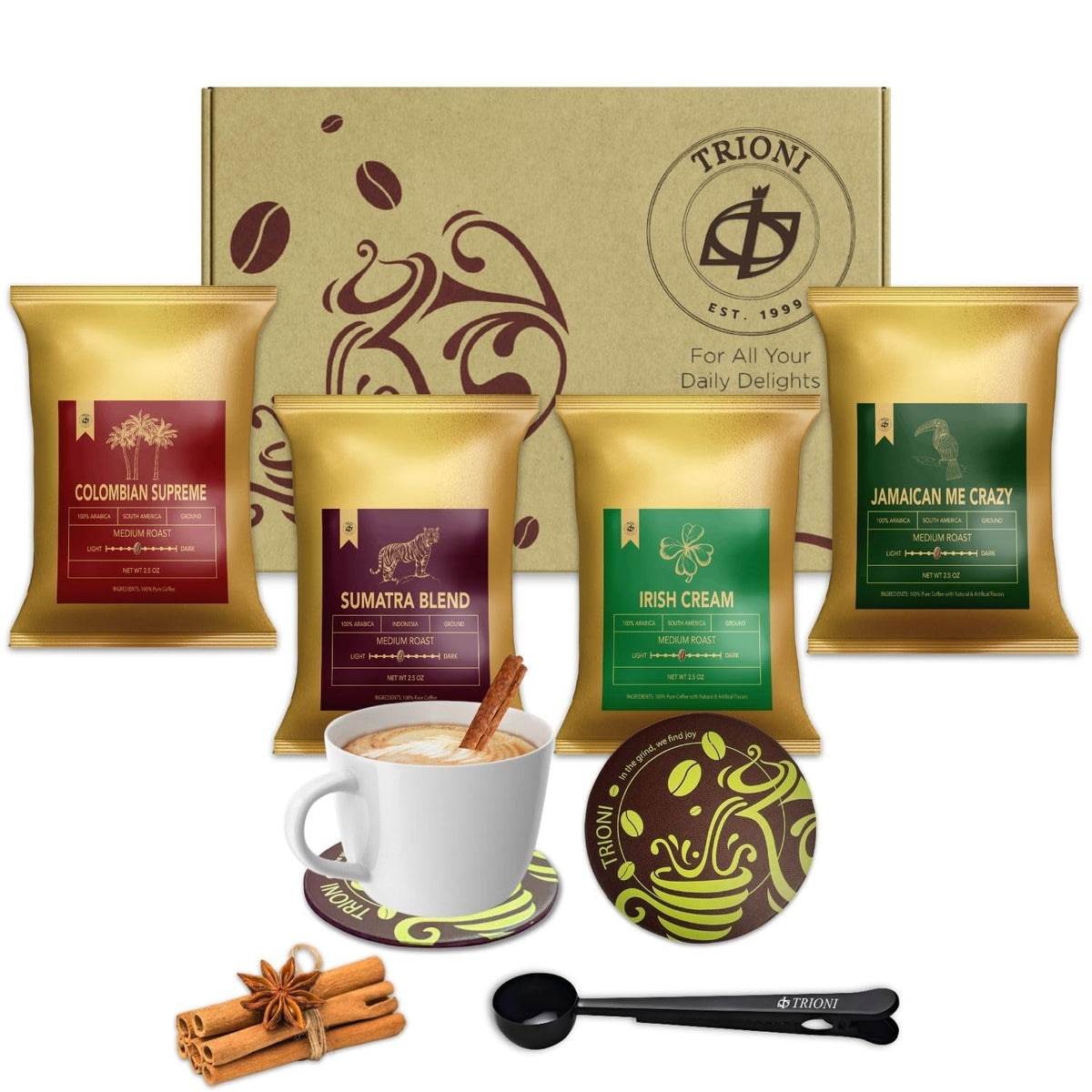 TRIONI Gourmet Coffee Sampler Irish Cream for a cozy morning experience with creamy notes.