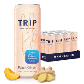 TRIP Lightly Sparkling Peach Ginger can showcases a refreshing, low-calorie option.