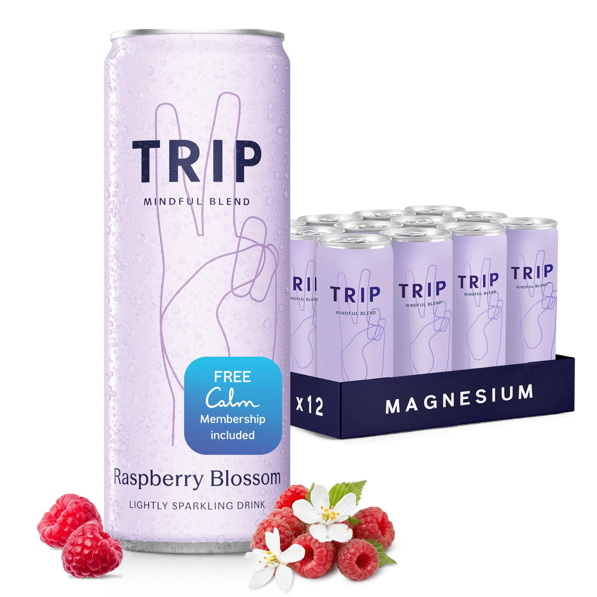 TRIP Raspberry Blossom can front shows a refreshing, lightly sparkling adaptogen drink