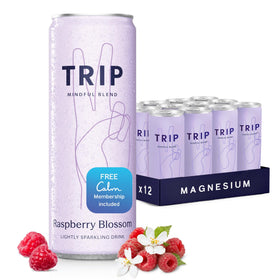 TRIP Raspberry Blossom can front shows a refreshing, lightly sparkling adaptogen drink