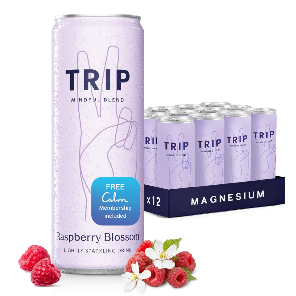 TRIP Raspberry Blossom can front shows a refreshing, lightly sparkling adaptogen drink