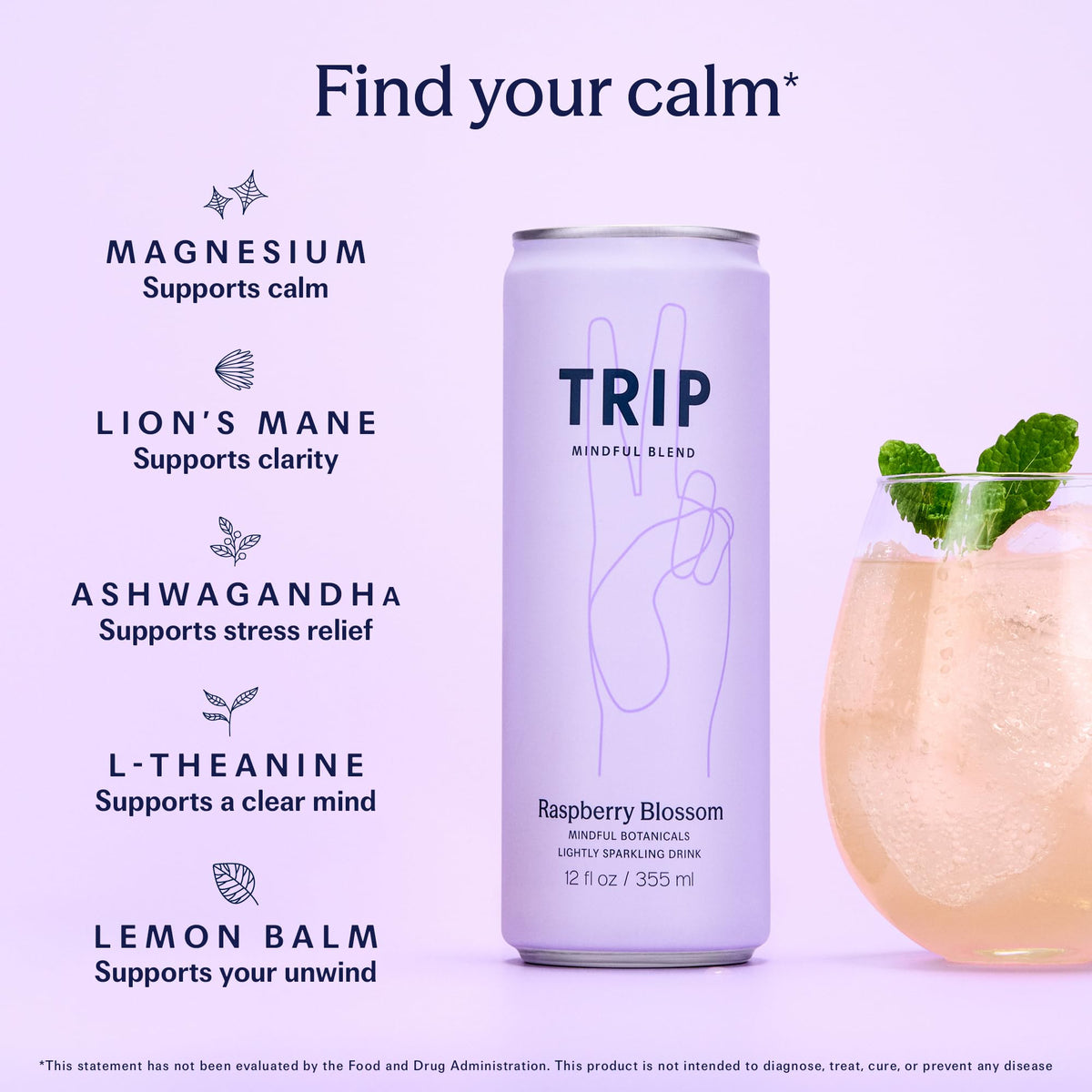 TRIP Raspberry Blossom label closeup highlights premium ingredients for balanced, mindful drinking