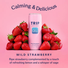 TRIP Lightly Sparkling Wild Strawberry ingredients scene emphasizes botanicals and adaptogens