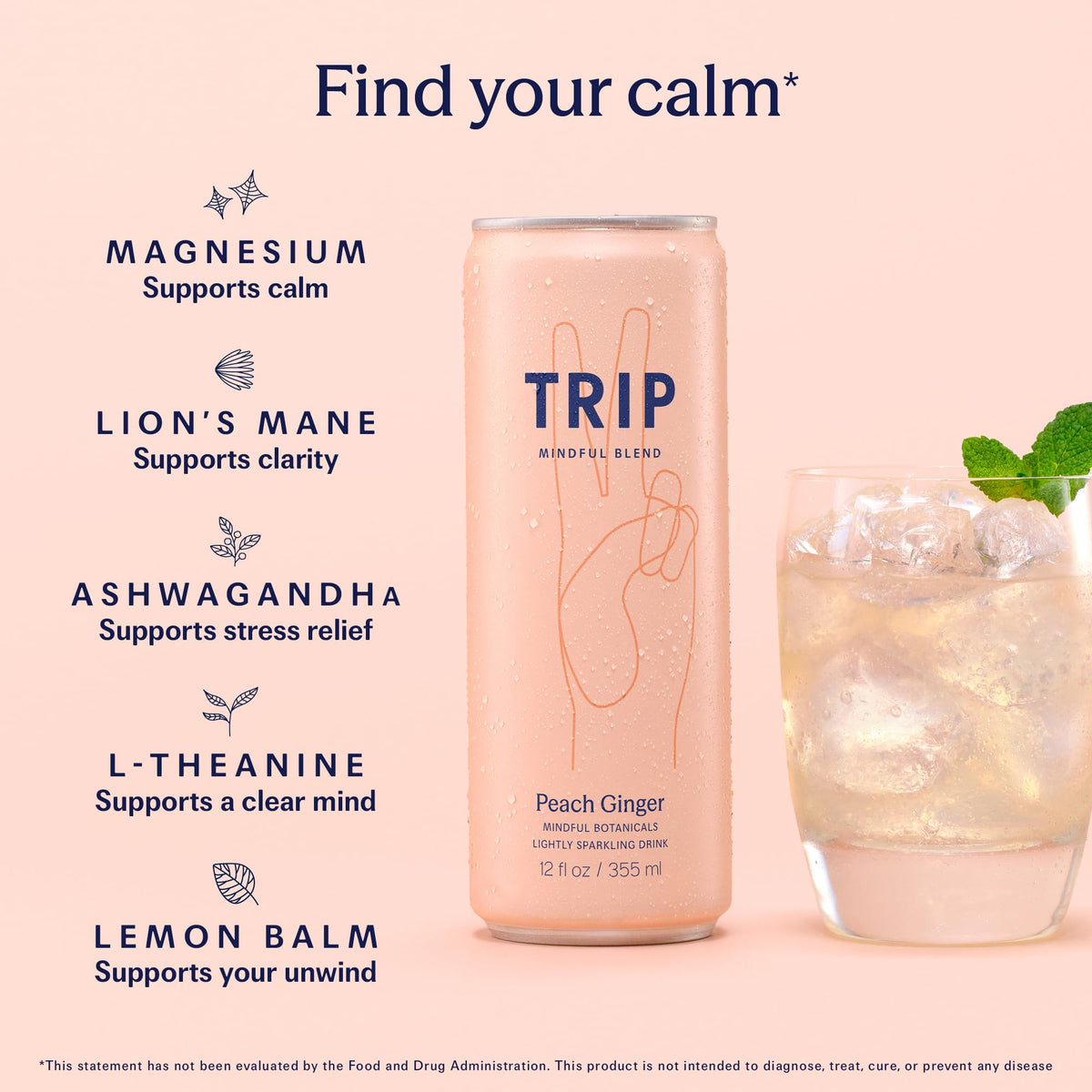 TRIP Peach Ginger close-up highlights vibrant aroma for a satisfying mocktail experience.