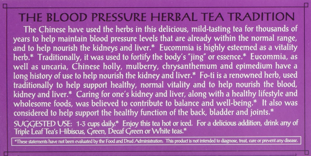 Triple Leaf Blood Pressure Tea packaging, easy daily use for back, bladder, and joints support