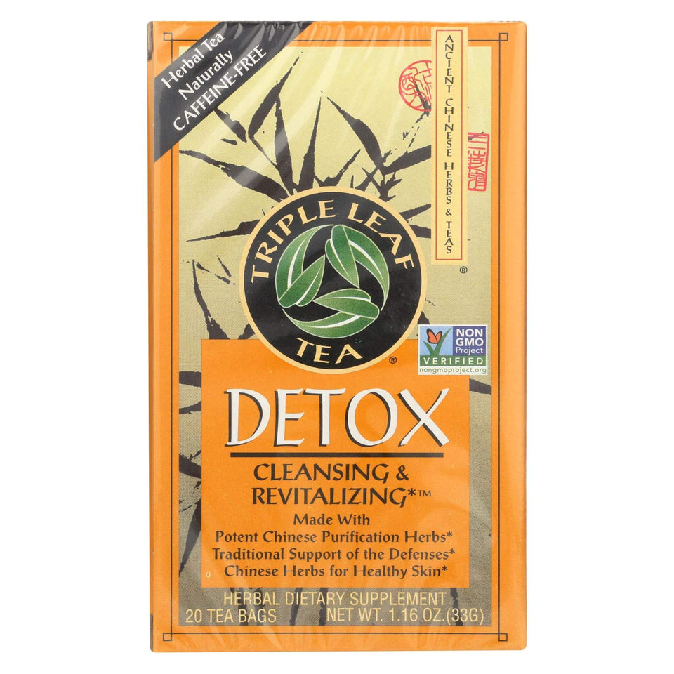 Triple Leaf Tea Detox tea bags in a box, ready to brew a caffeine-free cleanse.