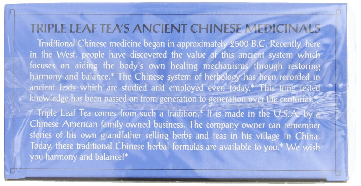Triple Leaf Tea packaging shows family-owned USA production heritage.