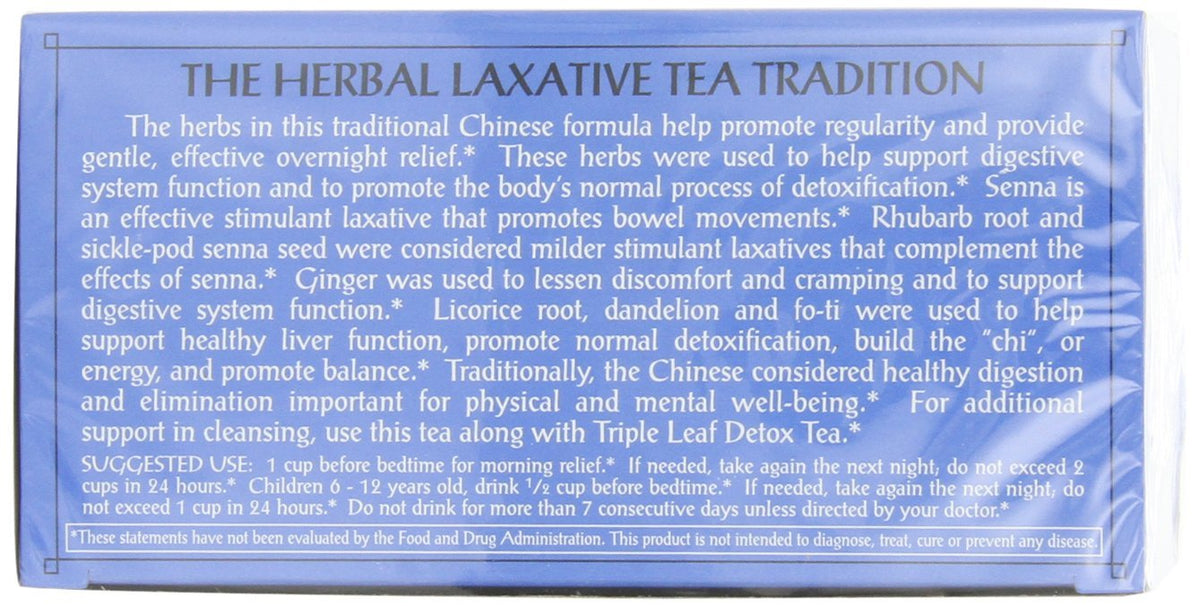 Triple Leaf Tea herbal laxative tea bags, caffeine-free blend.