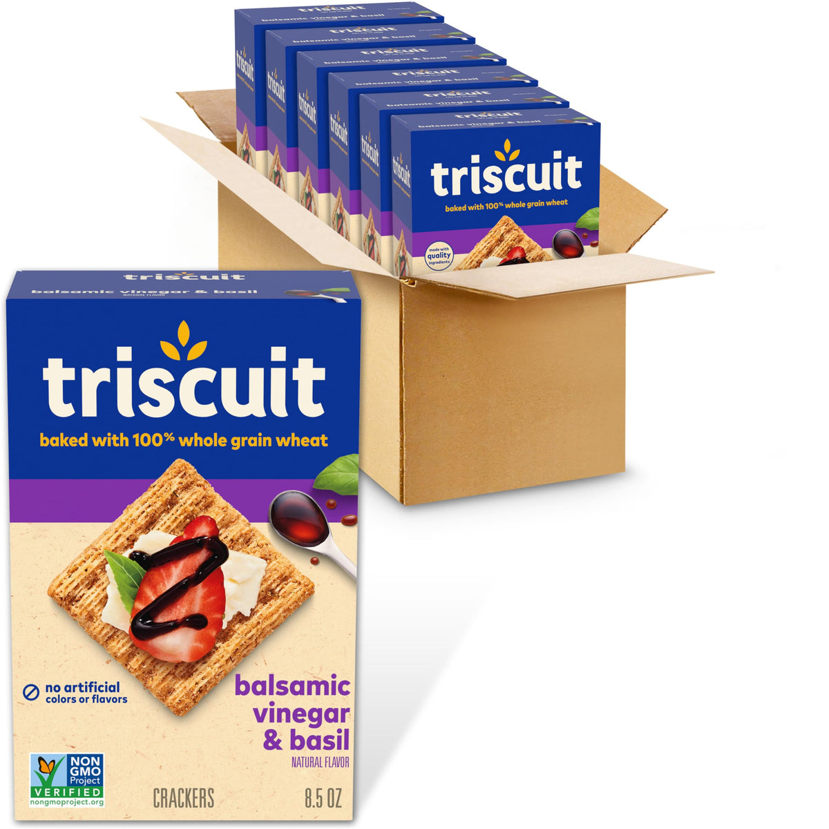 Triscuit Balsamic Vinegar & Basil crackers in a box setup, ideal for bulk snacking.