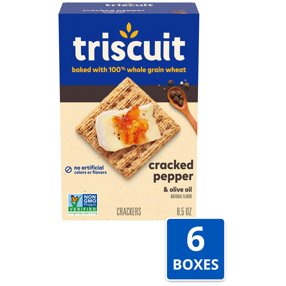 Triscuit Cracked Pepper & Olive Oil crackers close-up of crunchy woven texture.