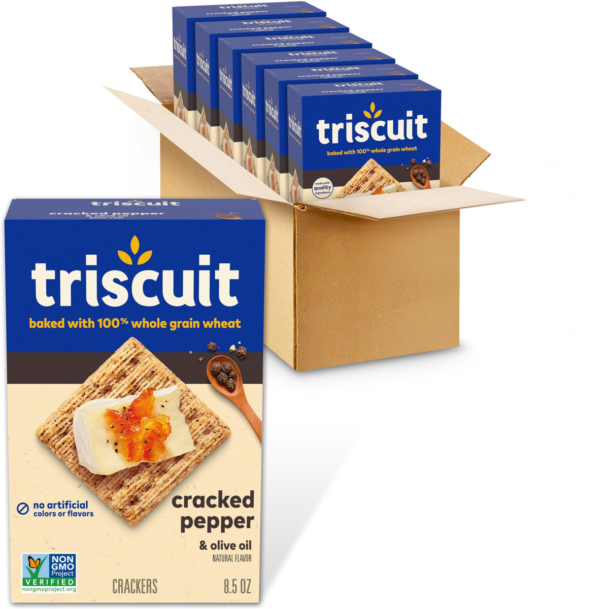 Triscuit Cracked Pepper & Olive Oil crackers in packaging, a pantry staple snack.