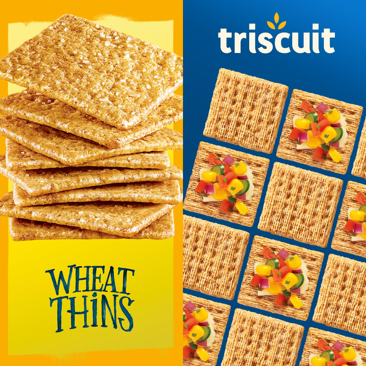 Triscuit crackers displayed on a charcuterie board with toppings.