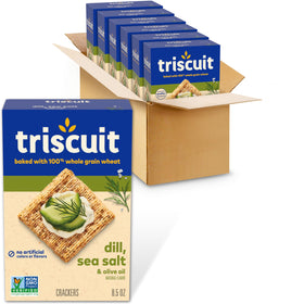 Triscuit Dill Sea Salt Olive Oil crackers on the box front, ideal for quick lunches.
