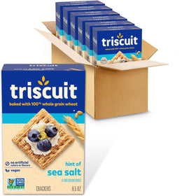 Triscuit Hint of Sea Salt crackers in packaging, bulk six-box set for home use