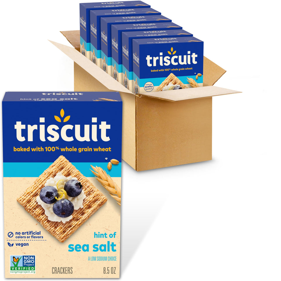 Triscuit Hint of Sea Salt crackers in packaging, bulk six-box set for home use