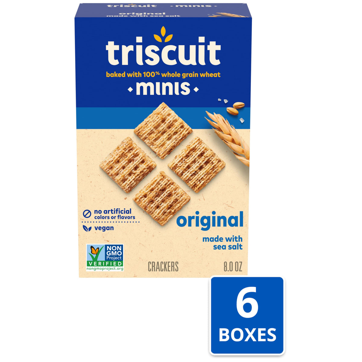 Triscuit Minis Original six-pack boxes, ready for bulk snacking at home or office.