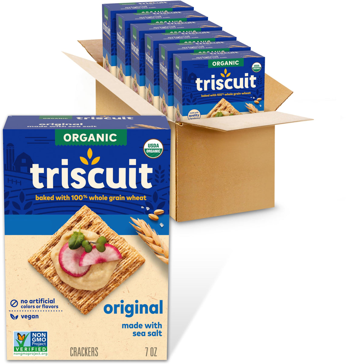 Triscuit Organic Original Whole Grain Crackers with woven texture, ideal for toppings