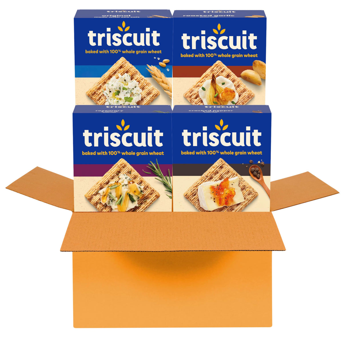 Triscuit Original Whole Grain crackers on a box, perfect for toppings and dips.